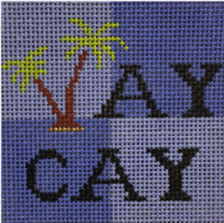 Vallerie Needlepoint Gallery fun and tropical needlepoint canvas of the word "vaycay" with palm trees sized as a coaster - perfect for vacations 