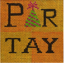 Vallerie Needlepoint Gallery fun and light-hearted needlepoint canvas of the word "partay" with a party hat sized as a coaster