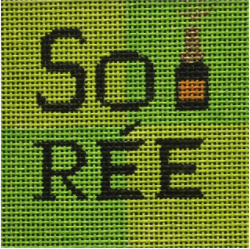 Vallerie Needlepoint Gallery fun needlepoint canvas of the word soiree with a champagne bottle sized as a coaster