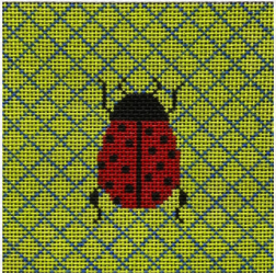 Vallerie Needlepoint Gallery needlepoint canvas of a ladybug on a lime green geometric background sized as a coaster