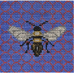 Vallerie Needlepoint Gallery needlepoint canvas of a bumblebee or honeybee on a periwinkle background sized as a coaster