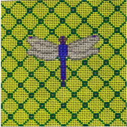 Vallerie Needlepoint Gallery needlepoint canvas of a dragonfly on a green geometric background sized for a coaster