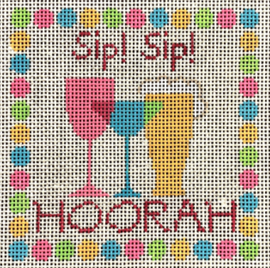 Vallerie Needlepoint Gallery needlepoint canvas for a coaster with the phrase "sip sip hoorah" for the perfect punny gift