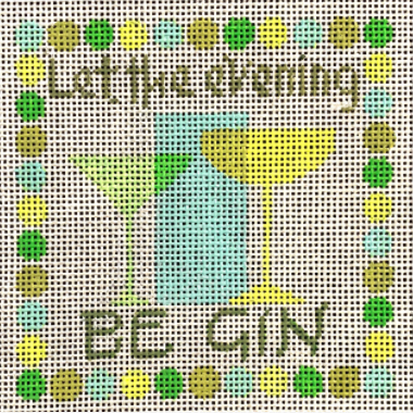 Vallerie Needlepoint Gallery needlepoint canvas for a coaster with the phrase "let the evening be gin" for the perfect punny gift