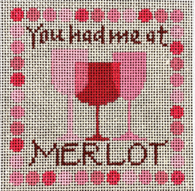Vallerie Needlepoint Gallery needlepoint canvas for a coaster with the phrase "you had me at merlot" for the perfect punny gift