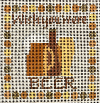 Vallerie Needlepoint Gallery needlepoint canvas for a coaster with the phrase "wish you were beer" for the perfect punny gift