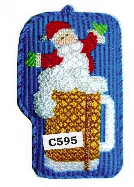 Princess and Me Christmas needlepoint canvas with stitch guide of a Santa jumping out of a classic German beer stein