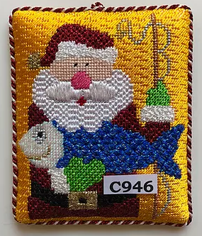 Princess and Me needlepoint canvas with stitch guide for a Santa Claus fishing holding a fish and fishing pole
