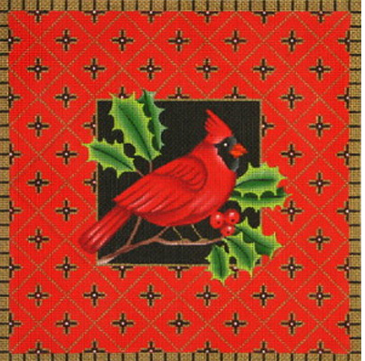 Amanda Lawford cardinal needlepoint canvas with holly leaves and geometric red background and gold border