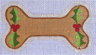 Raymond Crawford Christmas needlepoint canvas of a dog bone with holly leaves and berries