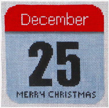 DC Designs Christmas needlepoint canvas of the Apple iPhone calendar icon for December 25th saying "Merry Christmas"
