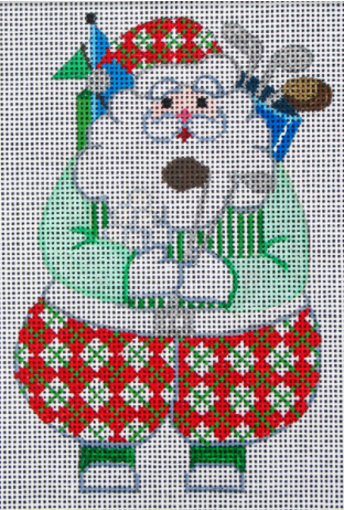 DC Designs Christmas needlepoint canvas of Santa Claus going golfing wearing argyle red and green pants in typical preppy golf fashion