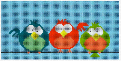 DC Designs needlepoint canvas of three whimsical birds sitting on a wire
