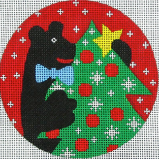 DC Designs round Christmas needlepoint canvas of a black bear wearing a bow tie decorating a Christmas tree on a snowy red background