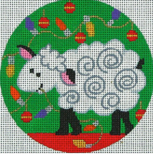 DC designs whimsical round Christmas ornament needlepoint canvas of a sheep with Christmas lights