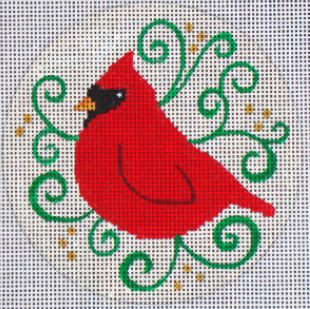 DC designs round Christmas ornament needlepoint canvas of a cardinal with green and gold swirls