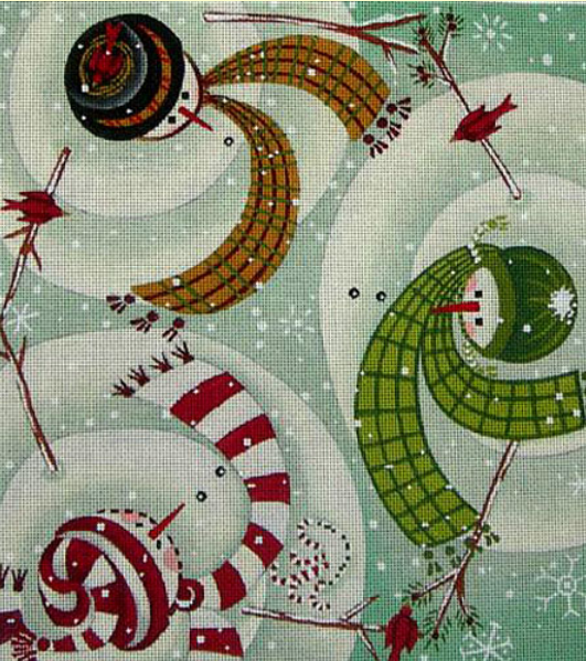 Ewe and Eye winter whimsical needlepoint canvas of three snowmen wearing hats and scarves dancing with cardinals (swirling snowmen)