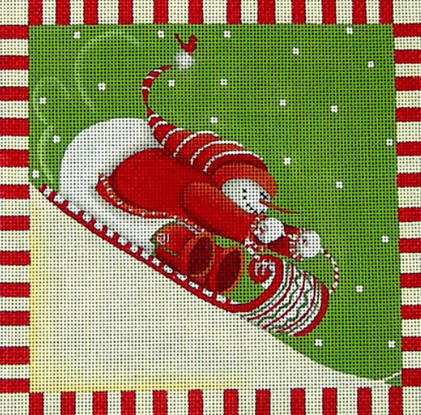 Ewe and Eye whimsical needlepoint canvas of a snowman sledding with a cardinal and a candy striped border