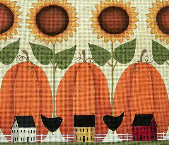 Ewe and Eye whimsicak needlepoint canvas of three large pumpkins with four sunflowers and tiny houses with two birds