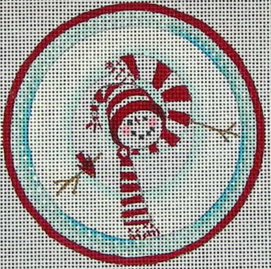 Ewe and Eye whimsical needlepoint canvas of a snowman viewed from above wearing a candy cane striped  hat and a scarf - the perfect Christmas ornament!