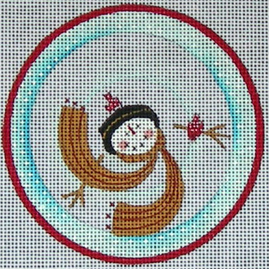 Ewe and Eye whimsical needlepoint canvas of a snowman viewed from above wearing a hat and a scarf - the perfect Christmas ornament!