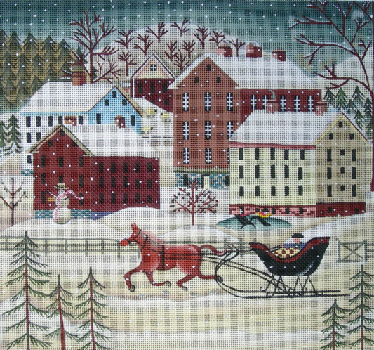 Ewe and Eye winter snow needlepoint canvas with horse and sleigh, houses and snowman