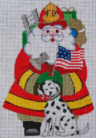 DC Designs Christmas Needlepoint canvas of a Firefighter Santa with an American flag, an axe, and a Dalmatian dog