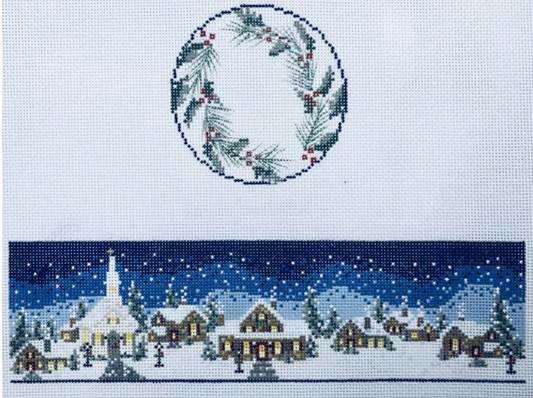 Funda Scully needlepoint canvas for a hinged box with a Christmas winter village scene in the snow and holly leaves and berries on the lid