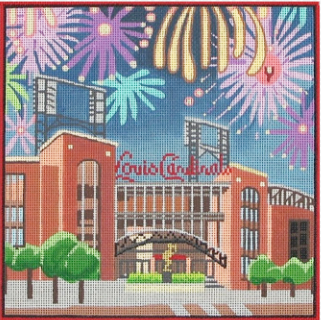 Amanda Lawford needlepoint canvas of the baseball stadium for the Saint Louis Cardinals