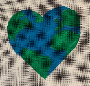 Vallerie Needlepoint Gallery heart needlepoint canvas with a map of the world on it