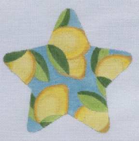Raymond Crawford bright needlepoint canvas in a star shape with lemons on a blue background