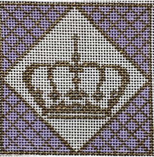 Vallerie Needlepoint Gallery needlepoint canvas of a gold crown with lilac purple geometric trim sized for self-finishing boxes (insert)