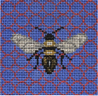 Vallerie Needlepoint Gallery square needlepoint canvas of a bumblebee or honeybee on a periwinkle background sized for self-finishing boxes (insert)