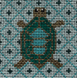Vallerie Needlepoint Gallery square needlepoint canvas of a turquoise and aqua turtle on a blue geometric background sized for self-finishing boxes (insert)