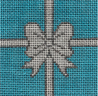 Vallerie Needlepoint Gallery square needlepoint canvas of a white and silver bow on the iconic Tiffany and Co turquoise background sized for self-finishing boxes (insert)