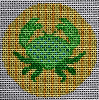 Two Sisters preppy round needlepoint canvas of a green crab on two-tone yellow stripes sized for self-finishing boxes (insert)