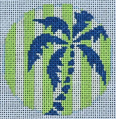 Two Sisters preppy round needlepoint canvas of a palm tree outline on lime green and white stripes sized for self-finishing boxes (insert)