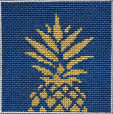 Two Sisters preppy square needlepoint canvas of a gold pineapple outline on blue sized for self-finishing boxes (insert)