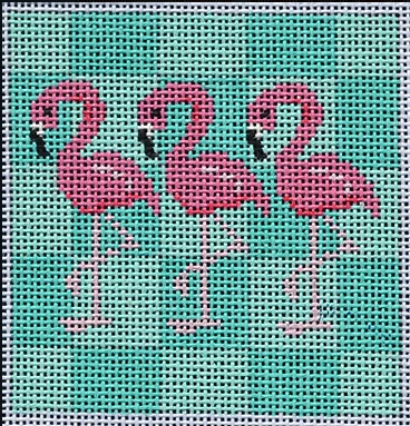 Two Sisters preppy square needlepoint canvas of three flamingos on an aqua and turquoise checkered background sized for self-finishing boxes (insert)