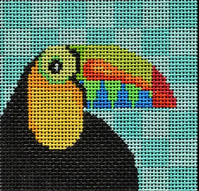 Two Sisters tropical needlepoint canvas of a toucan on a checkered aqua turquoise background - size for self-finishing boxes