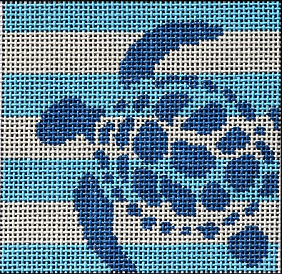Two Sisters preppy square needlepoint canvas of a sea turtle on aqua and white stripes sized for self-finishing boxes (insert)