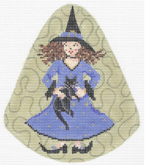 Kelly Clark Halloween needlepoint canvas of a witch wearing purple holding a black cat
