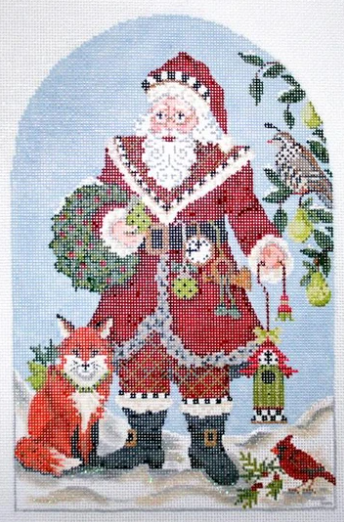 Kelly Clark Christmas needlepoint canvas from the Zero Degrees North collection of Santa Claus holding a wreath and a birdhouse with a cardinal, a fox, and a quail