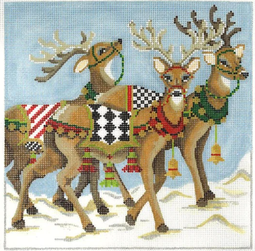 Kelly Clark needlepoint canvas from the Zero Degrees North collection of three reindeer with harnesses and jingle bells in the snow