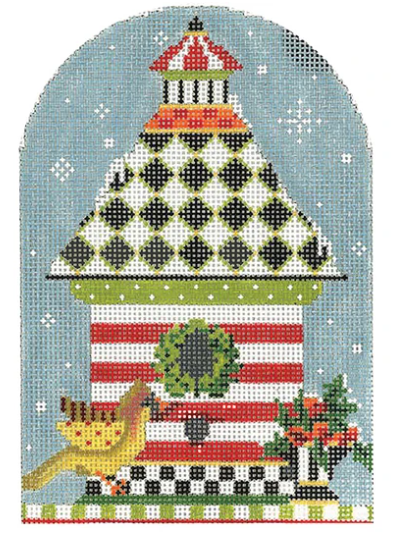 Kelly Clark winter and Christmas needlepoint canvas of a red black and white birdhouse with a wreath and holly in the snow