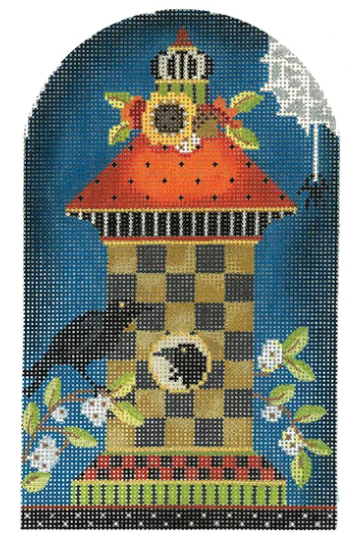 Kelly Clark Halloween needlepoint canvas of a birdhouse with crows and sunflowers and a spider and spiderweb