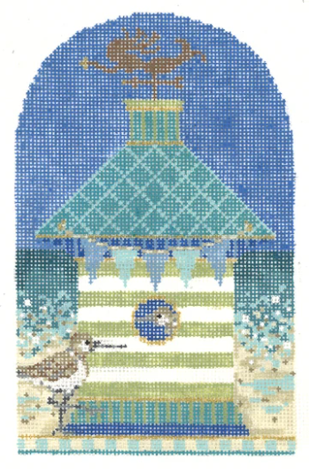 Kelly Clark seaside nautical birdhouse needlepoint canvas with a mermaid weathervane and two sandpipers with the ocean in the background
