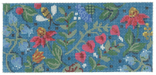 Kelly Clark wallet needlepoint canvas of flowers and vines with a bee and bleeding heart flowers
