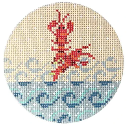 Kelly Clark nautical round needlepoint canvas insert of two lobsters jumping out of ocean waves on a cream background