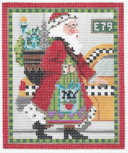 Kelly Clark Christmas needlepoint canvas of a Santa from New York City carrying an "I heart NY" bag with the statue of liberty and the Chrysler building in his sack and a taxi cab in the background
